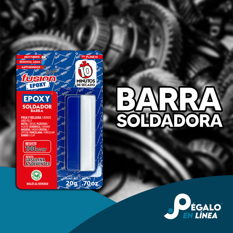 Epoxy Soldador Plastilina PL20E10, adhesivo epóxico moldeable que adhiere acero, cerámica, madera y plásticos rígidos.