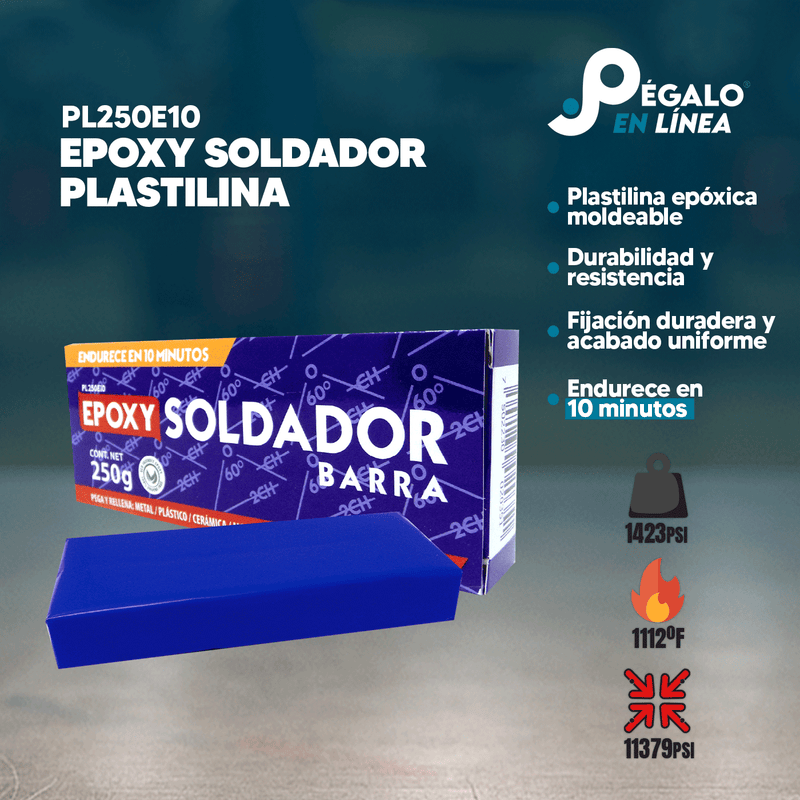 Infografía de características del Epoxy Soldador Plastilina PL250E10 de Fusion Epoxy de 250 g: plastilina epóxica moldeable, fijación duradera con acabado uniforme, endurece en 10 minutos, resistencia 1423 PSI y hasta 1112 °F