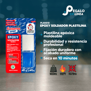 Infografía con características y beneficios de Epoxy Soldador Plastilina PL40E10, adhesivo epóxico moldeable de alta resistencia para materiales rígidos.