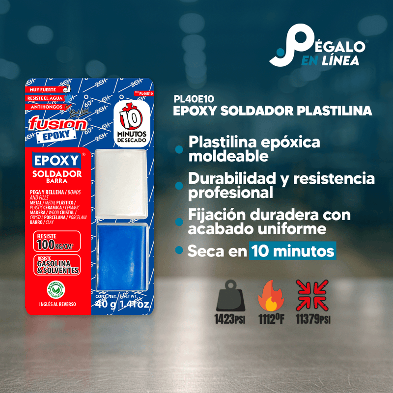Infografía con características y beneficios de Epoxy Soldador Plastilina PL40E10, adhesivo epóxico moldeable de alta resistencia para materiales rígidos.