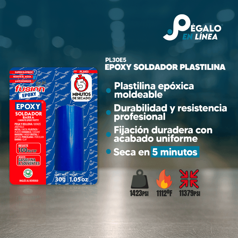 Infografía con características y beneficios de Epoxy Soldador Plastilina PL30E5, adhesivo epóxico moldeable de alta resistencia para materiales rígidos.