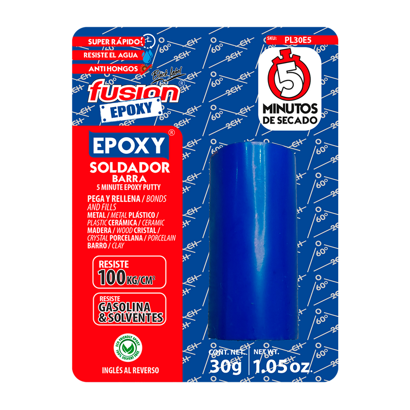 Imagen frontal de Epoxy Soldador Plastilina 5 Minutos PL30E5, adhesivo epóxico moldeable de alta resistencia, fondo transparente.