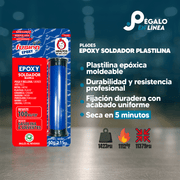 Infografía con características y beneficios de Epoxy Soldador Plastilina PL60E5, adhesivo epóxico moldeable de alta resistencia para materiales rígidos.