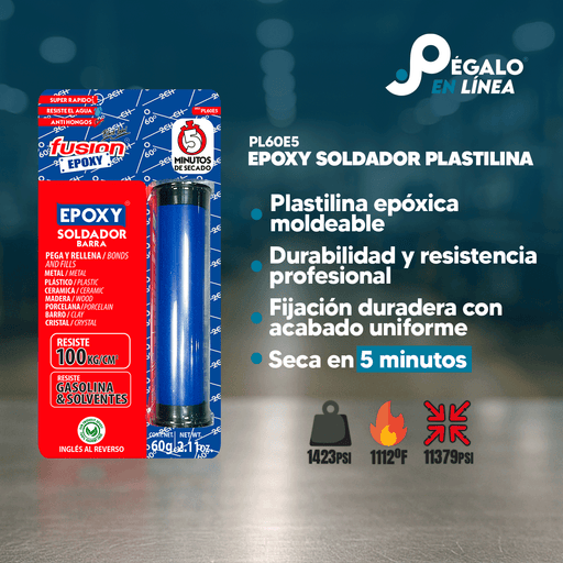 Infografía con características y beneficios de Epoxy Soldador Plastilina PL60E5, adhesivo epóxico moldeable de alta resistencia para materiales rígidos.