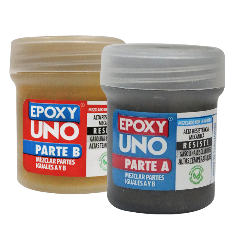 Tarros de Epoxy Uno Acero Fusion Epoxy Parte A y Parte B, bicomponente que se mezcla en partes iguales, alta resistencia mecánica, resiste gasolina, solventes y altas temperaturas