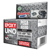Vista lateral de la caja del Epoxy Uno Acero Fusion Epoxy de 100 g con código de barras y descripción de uso, pega acero y metales, resiste hasta 600 °C, para hogar, taller e industria