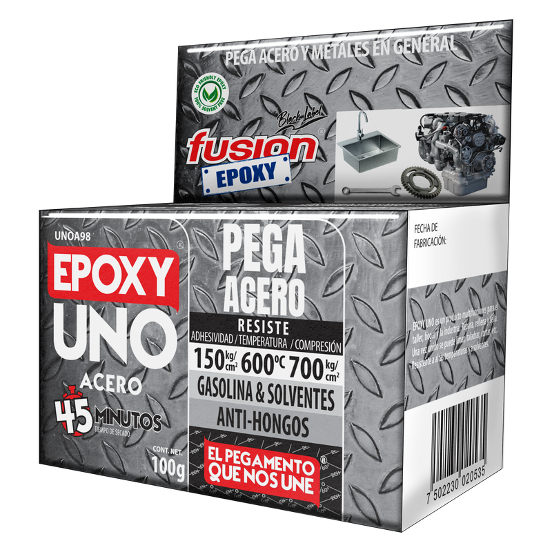 Vista lateral de la caja del Epoxy Uno Acero Fusion Epoxy de 100 g con código de barras y descripción de uso, pega acero y metales, resiste hasta 600 °C, para hogar, taller e industria