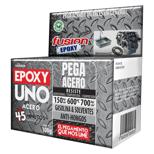Vista lateral de la caja del Epoxy Uno Acero Fusion Epoxy de 100 g con código de barras y descripción de uso, pega acero y metales, resiste hasta 600 °C, para hogar, taller e industria
