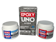 Epoxy Uno Acero Fusion Epoxy de 1 kg con caja y tarros Parte A y Parte B, bicomponente que se mezcla en partes iguales, pega acero y metales, resiste 150 kg/cm² de adhesividad, hasta 600 °C y 700 kg/cm² de compresión, resistente a gasolina y solventes