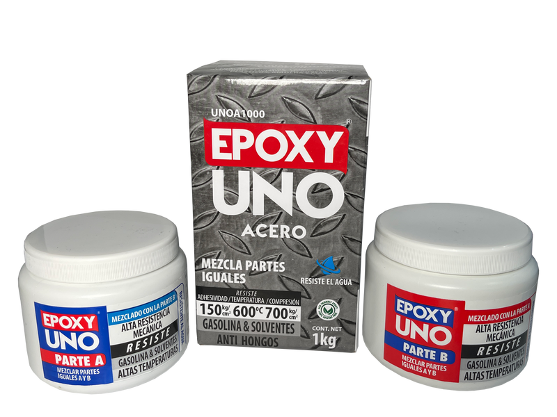 Epoxy Uno Acero Fusion Epoxy de 1 kg con caja y tarros Parte A y Parte B, bicomponente que se mezcla en partes iguales, pega acero y metales, resiste 150 kg/cm² de adhesividad, hasta 600 °C y 700 kg/cm² de compresión, resistente a gasolina y solventes