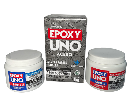 Epoxy Uno Acero Fusion Epoxy de 1 kg con caja y tarros Parte A y Parte B, bicomponente que se mezcla en partes iguales, pega acero y metales, resiste 150 kg/cm² de adhesividad, hasta 600 °C y 700 kg/cm² de compresión, resistente a gasolina y solventes