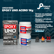 Infografía de características del Epoxy Uno Acero UNOA1000 de Fusion Epoxy de 1 kg: fórmula con partículas de acero para máxima resistencia, ideal para unir piezas metálicas y reparaciones exigentes, presentación de 1 kg para proyectos grandes y profesionales, endurece en 45 minutos