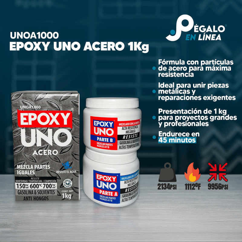 Infografía de características del Epoxy Uno Acero UNOA1000 de Fusion Epoxy de 1 kg: fórmula con partículas de acero para máxima resistencia, ideal para unir piezas metálicas y reparaciones exigentes, presentación de 1 kg para proyectos grandes y profesionales, endurece en 45 minutos