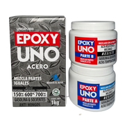 Epoxy Uno Acero Fusion Epoxy de 1 kg, presentación industrial con caja y tarros Parte A y Parte B, mezcla en partes iguales, pega acero y metales, resiste hasta 600 °C, secado en 45 minutos