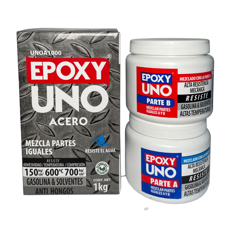 Epoxy Uno Acero Fusion Epoxy de 1 kg, presentación industrial con caja y tarros Parte A y Parte B, mezcla en partes iguales, pega acero y metales, resiste hasta 600 °C, secado en 45 minutos