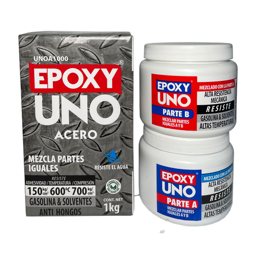 Epoxy Uno Acero Fusion Epoxy de 1 kg, presentación industrial con caja y tarros Parte A y Parte B, mezcla en partes iguales, pega acero y metales, resiste hasta 600 °C, secado en 45 minutos