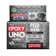 Epoxy Uno Acero Fusion Epoxy en caja de 100 g, secado en 45 minutos, pega acero y metales en general, resiste 150 kg/cm² de adhesividad, hasta 600 °C y 700 kg/cm² de compresión, resistente a gasolina y solventes