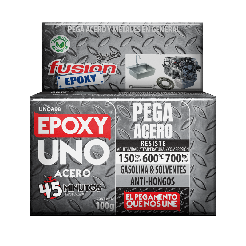 Epoxy Uno Acero Fusion Epoxy en caja de 100 g, secado en 45 minutos, pega acero y metales en general, resiste 150 kg/cm² de adhesividad, hasta 600 °C y 700 kg/cm² de compresión, resistente a gasolina y solventes