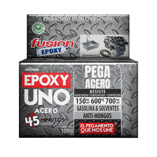 Epoxy Uno Acero Fusion Epoxy en caja de 100 g, secado en 45 minutos, pega acero y metales en general, resiste 150 kg/cm² de adhesividad, hasta 600 °C y 700 kg/cm² de compresión, resistente a gasolina y solventes