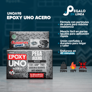 Infografía de características del Epoxy Uno Acero UNOA98 de Fusion Epoxy de 100 g: fórmula con partículas de acero, mezcla fácil en partes iguales, unión confiable para hogar y taller, endurece en 45 minutos, resistencia 2134 PSI y hasta 1112 °F