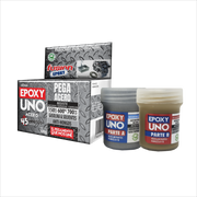 Imagen lateral de Epoxy Uno Acero UNOA98 adhesivo metálico bicomponente, fórmula reforzada con acero, alta resistencia térmica y mecánica.