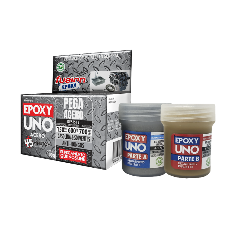 Imagen lateral de Epoxy Uno Acero UNOA98 adhesivo metálico bicomponente, fórmula reforzada con acero, alta resistencia térmica y mecánica.