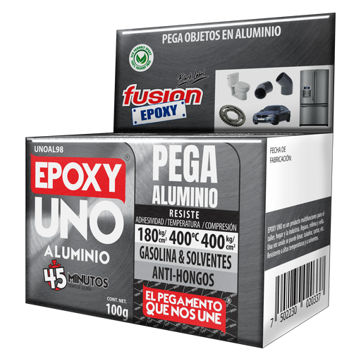 Vista lateral de la caja del Epoxy Uno Aluminio Fusion Epoxy de 100 g con código de barras, pega objetos en aluminio, resiste hasta 400 °C, para hogar, taller e industria