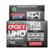 Epoxy Uno Aluminio Fusion Epoxy en caja de 100 g, secado en 45 minutos, pega objetos en aluminio, resiste 180 kg/cm² de adhesividad, hasta 400 °C y 400 kg/cm² de compresión, resistente a gasolina y solventes