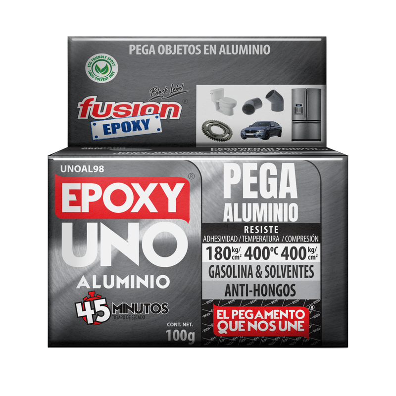 Epoxy Uno Aluminio Fusion Epoxy en caja de 100 g, secado en 45 minutos, pega objetos en aluminio, resiste 180 kg/cm² de adhesividad, hasta 400 °C y 400 kg/cm² de compresión, resistente a gasolina y solventes