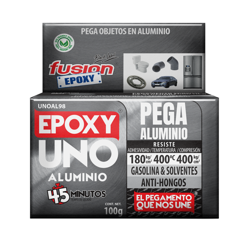 Epoxy Uno Aluminio Fusion Epoxy en caja de 100 g, secado en 45 minutos, pega objetos en aluminio, resiste 180 kg/cm² de adhesividad, hasta 400 °C y 400 kg/cm² de compresión, resistente a gasolina y solventes