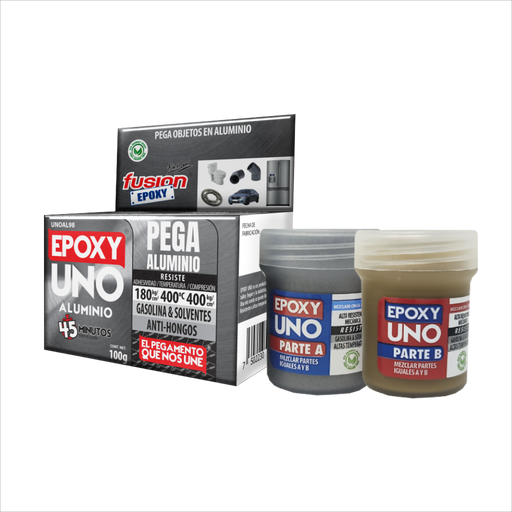 Imagen frontal de Epoxy Uno Uso General Aluminio UNOAL98, adhesivo epóxico diseñado para unir y reparar superficies de aluminio, fondo transparente.