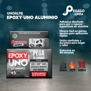 Infografía de características del Epoxy Uno Aluminio UNOAL98 de Fusion Epoxy de 100 g: fórmula para pegar y reparar superficies de aluminio, mezcla fácil en partes iguales, unión confiable para hogar y taller, endurece en 45 minutos