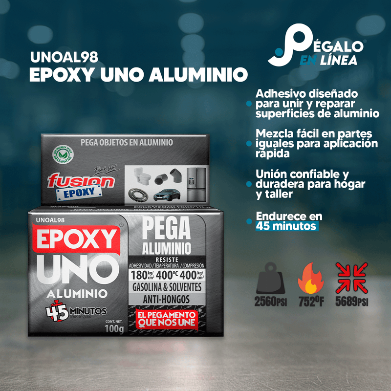 Infografía de características del Epoxy Uno Aluminio UNOAL98 de Fusion Epoxy de 100 g: fórmula para pegar y reparar superficies de aluminio, mezcla fácil en partes iguales, unión confiable para hogar y taller, endurece en 45 minutos