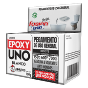 Vista lateral de la caja del Epoxy Uno Blanco Fusion Epoxy de 100 g con código de barras, pegamento de uso general, resiste hasta 600 °C, para hogar, taller e industria