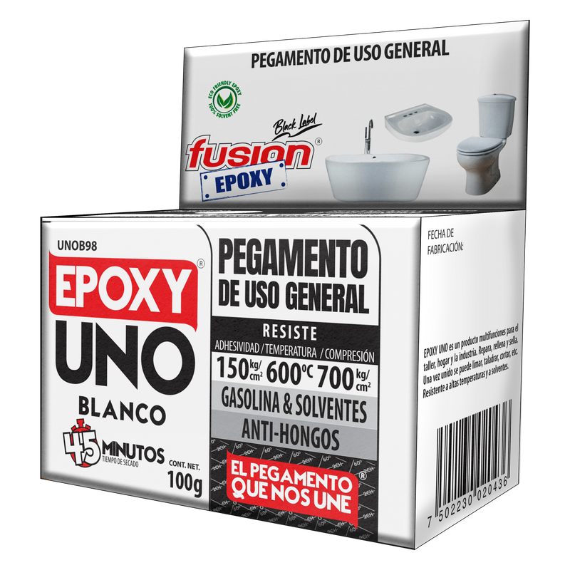 Vista lateral de la caja del Epoxy Uno Blanco Fusion Epoxy de 100 g con código de barras, pegamento de uso general, resiste hasta 600 °C, para hogar, taller e industria