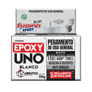 Epoxy Uno Blanco Fusion Epoxy en caja de 100 g, secado en 45 minutos, pegamento de uso general, resiste 150 kg/cm² de adhesividad, hasta 600 °C y 700 kg/cm² de compresión, resistente a gasolina y solventes