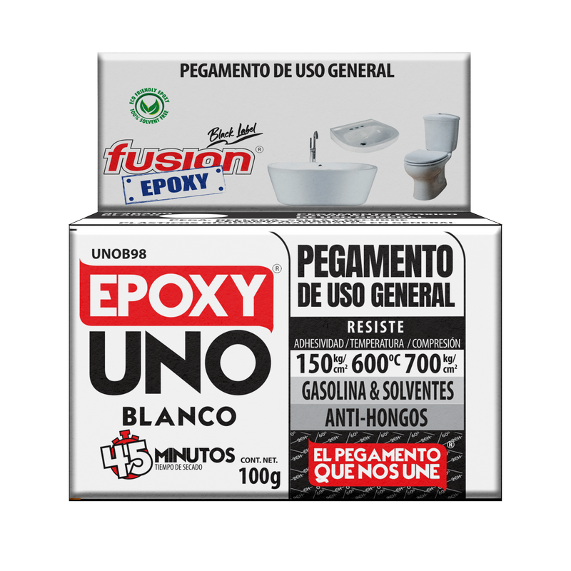 Epoxy Uno Blanco Fusion Epoxy en caja de 100 g, secado en 45 minutos, pegamento de uso general, resiste 150 kg/cm² de adhesividad, hasta 600 °C y 700 kg/cm² de compresión, resistente a gasolina y solventes