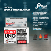 Infografía de características del Epoxy Uno Blanco UNOB98 de Fusion Epoxy de 100 g: pegamento de uso general con acabado blanco, mezcla fácil en partes iguales, unión confiable para hogar y taller, endurece en 45 minutos