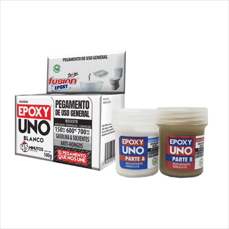 Imagen lateral de Epoxy Uno Blanco UNOB98 adhesivo epóxico de uso general, mezcla bicomponente en partes iguales, alta resistencia y acabado blanco.