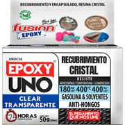 Vista lateral de la caja del Epoxy Uno Clear Fusion Epoxy de 50 g con código de barras, recubrimiento cristal transparente, resiste hasta 400 °C, para decoración, manualidades y artesanías