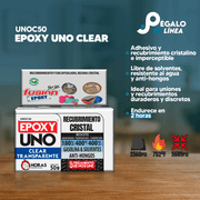 Infografía con características y beneficios de Epoxy Uno Clear UNOC50, adhesivo y recubrimiento 100% cristalino, sin solventes y antihongos.