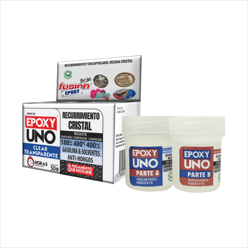 Imagen frontal de Epoxy Uno Clear UNOC50, adhesivo y recubrimiento 100% cristalino, transparente, fondo transparente.