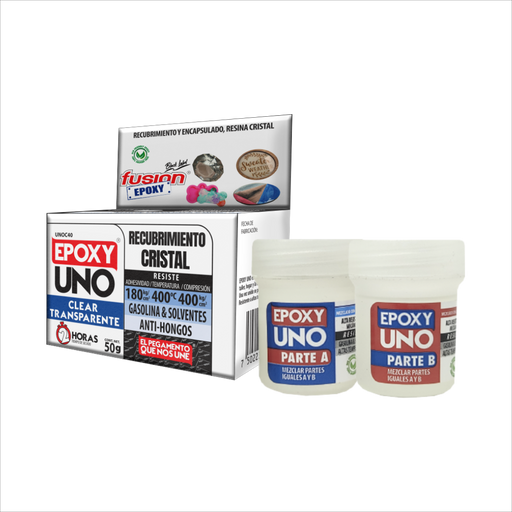 Imagen frontal de Epoxy Uno Clear UNOC50, adhesivo y recubrimiento 100% cristalino, transparente, fondo transparente.