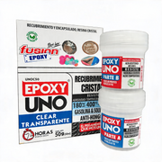 Epoxy Uno Clear Fusion Epoxy en caja de 50 g con tarros Parte A y Parte B, recubrimiento y encapsulado de resina cristal transparente, alta resistencia mecánica, resiste 180 kg/cm², hasta 400 °C, gasolina y solventes, endurece en 2 horas