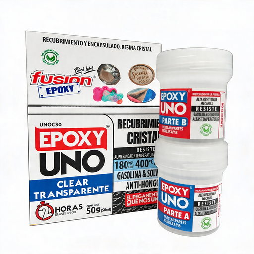 Epoxy Uno Clear Fusion Epoxy en caja de 50 g con tarros Parte A y Parte B, recubrimiento y encapsulado de resina cristal transparente, alta resistencia mecánica, resiste 180 kg/cm², hasta 400 °C, gasolina y solventes, endurece en 2 horas