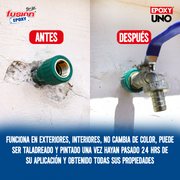 Adhesivo Epoxy Uno, pega en interiores, no cambia de color y se puede taladrar, ideal para reparaciones precisas y duraderas.