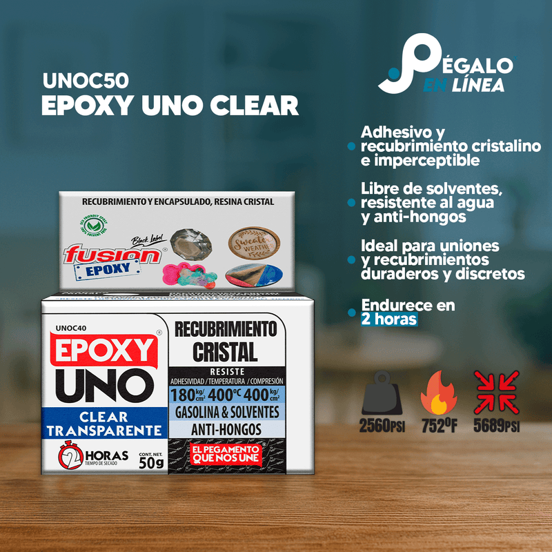 Infografía de características del Epoxy Uno Clear UNOC50 de Fusion Epoxy de 50 g: recubrimiento cristalino e impermeable, libre de solventes, resistente al agua y anti-hongos, ideal para uniones y recubrimientos duraderos, endurece en 2 horas