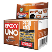 Vista lateral de la caja del Epoxy Uno Cobre Fusion Epoxy de 100 g con código de barras, pegamento para cobre en general, resiste hasta 400 °C, para hogar, taller e industria