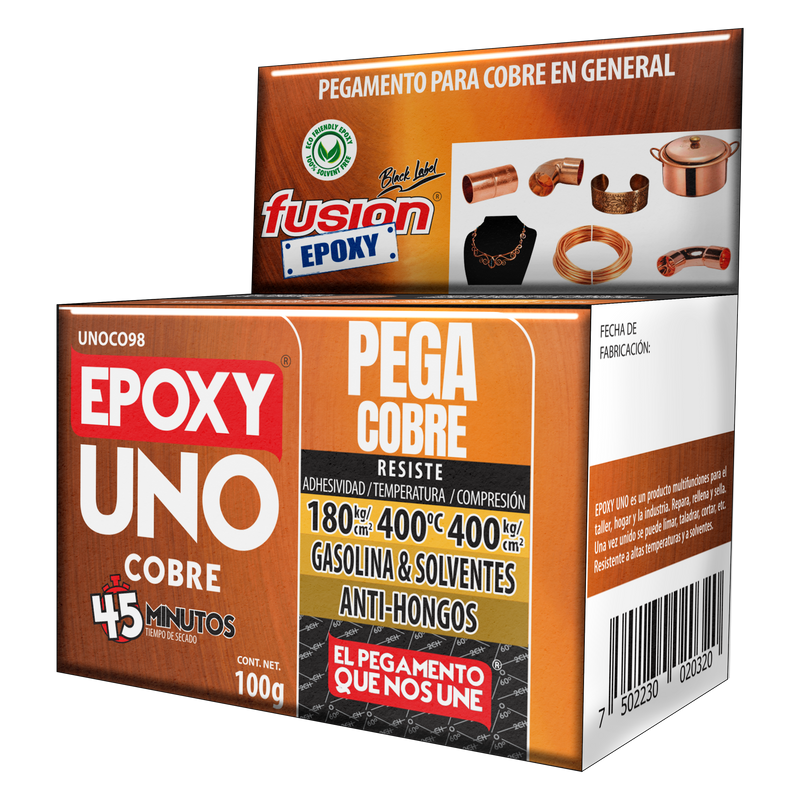 Vista lateral de la caja del Epoxy Uno Cobre Fusion Epoxy de 100 g con código de barras, pegamento para cobre en general, resiste hasta 400 °C, para hogar, taller e industria