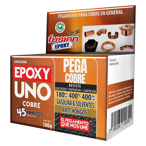 Vista lateral de la caja del Epoxy Uno Cobre Fusion Epoxy de 100 g con código de barras, pegamento para cobre en general, resiste hasta 400 °C, para hogar, taller e industria